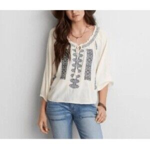 American Eagle Outfitters Cream & Blue Boho Festival Peasant Top Size Small